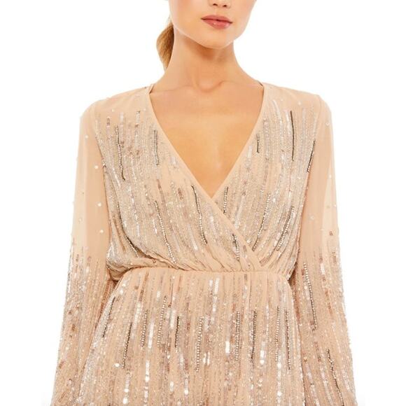 MAC DUGGAL Dress Size 4 Tan Romper V Neck Long Sleeve Beaded Formal NEW - Picture 6 of 6